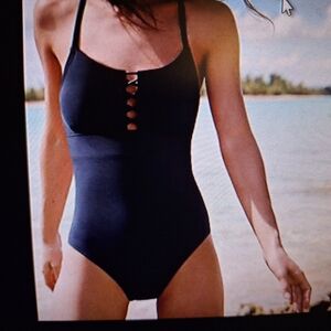 Lands' End Classic Black One-Piece Swimsuit Lace Up Back